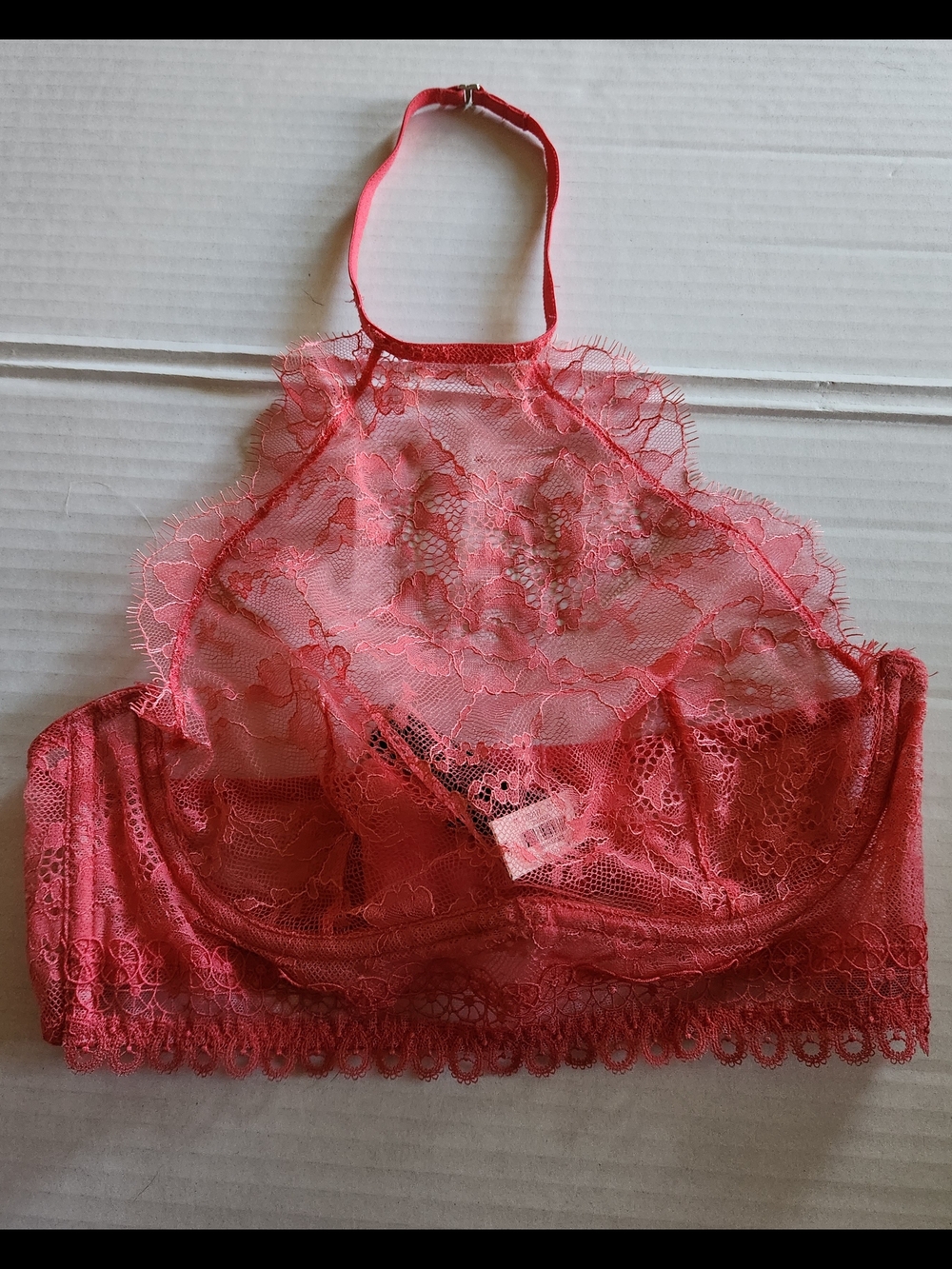 NEW Victorias Secret 32C Unlined Bra Bralette High Neck Halter Pink Lace